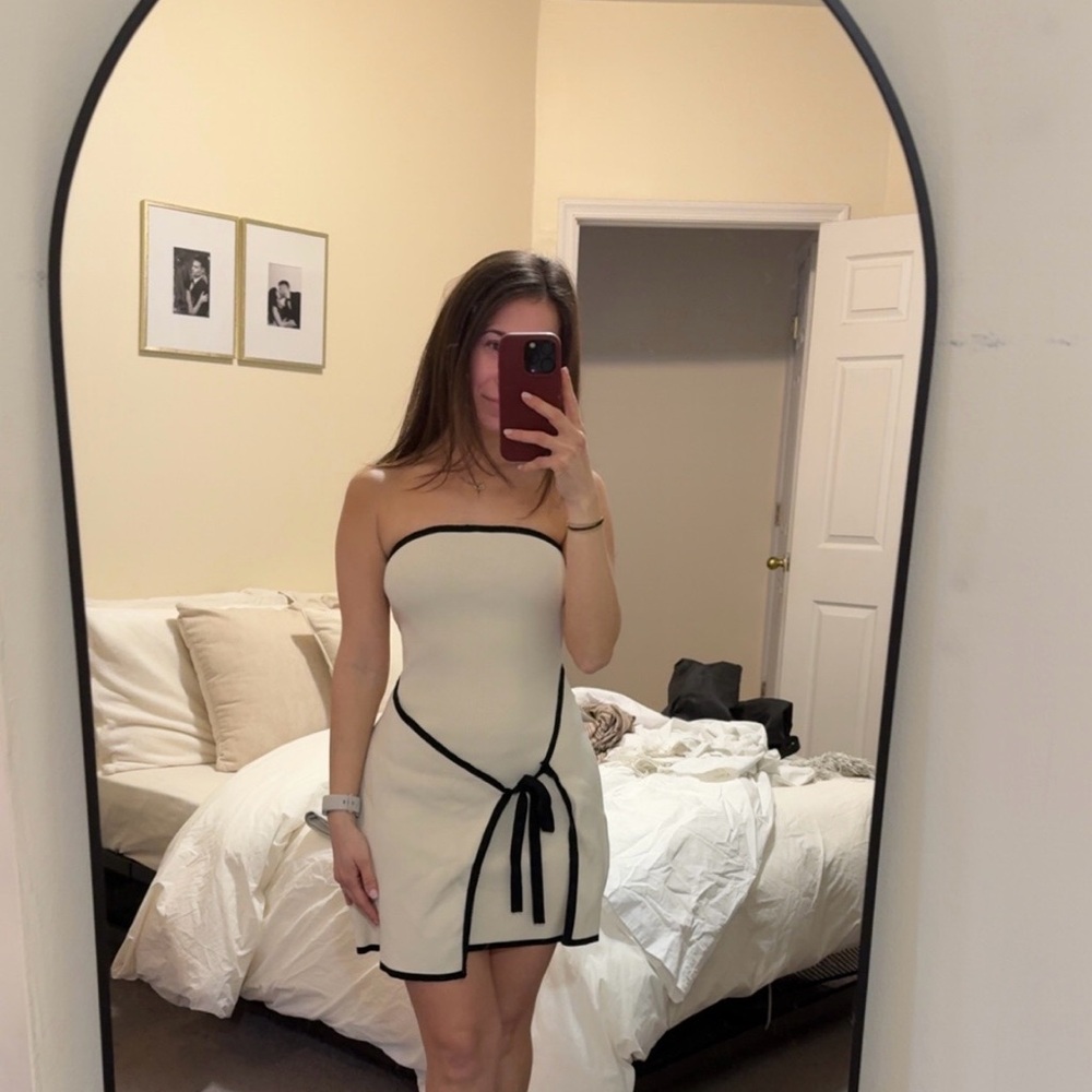 Meshki Cream Strapless Bodycon Dress with Black Trim